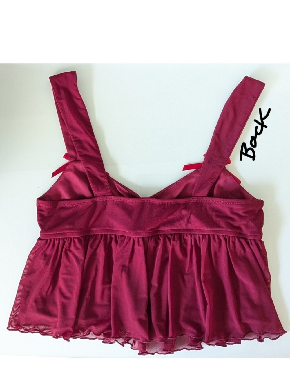 Easelle Red Mesh Ruffle Trim Babydoll Camisole Tank Top - Picture 5 of 9